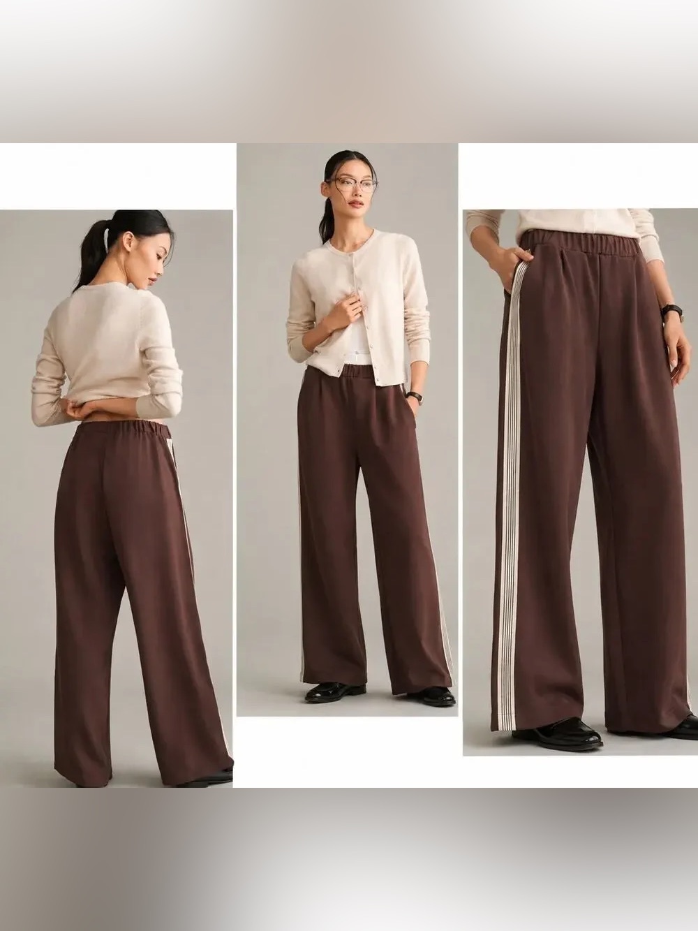 Maeve Brown Wide-Leg Track Pants with Ivory Side Stripe